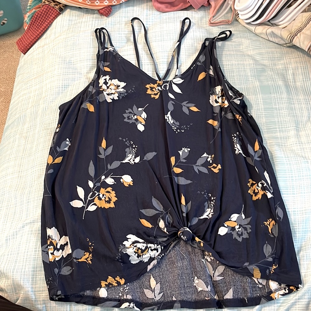 Flora print, navy, gray, white, mustard, Maurices, size L Strappy chest